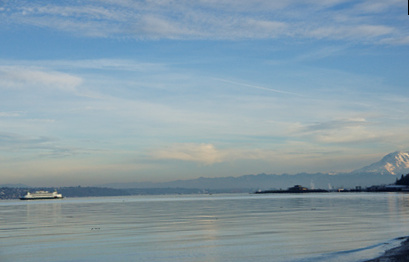 Photograph of ferry and Mount Ranier from Puget Sound shoreline by Peter Free.